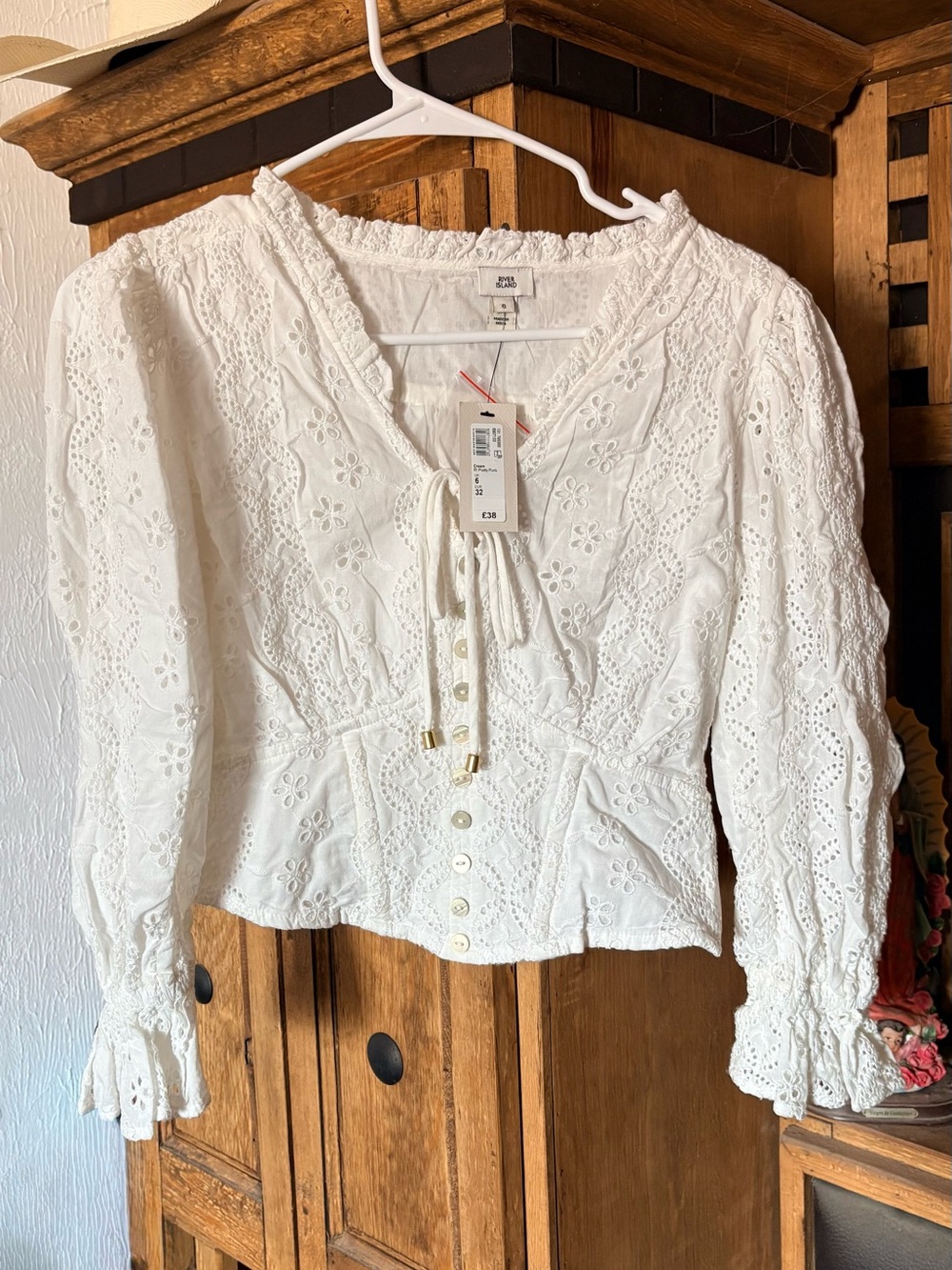 White Eyelet Peasant Blouse with Tie Front